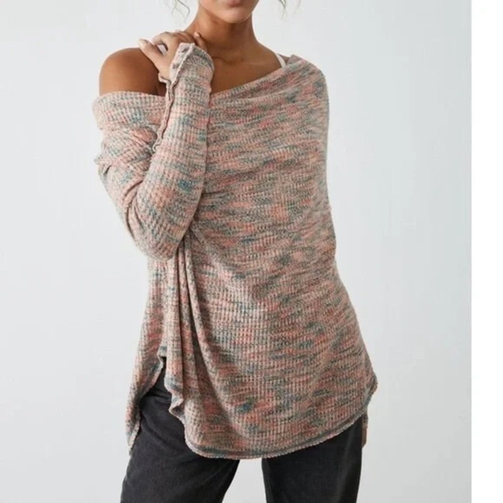 FREE PEOPLE Women's XS Pink Teal Long Sleeve Ribbed Draped‎ Scoop Neck Tunic Top
